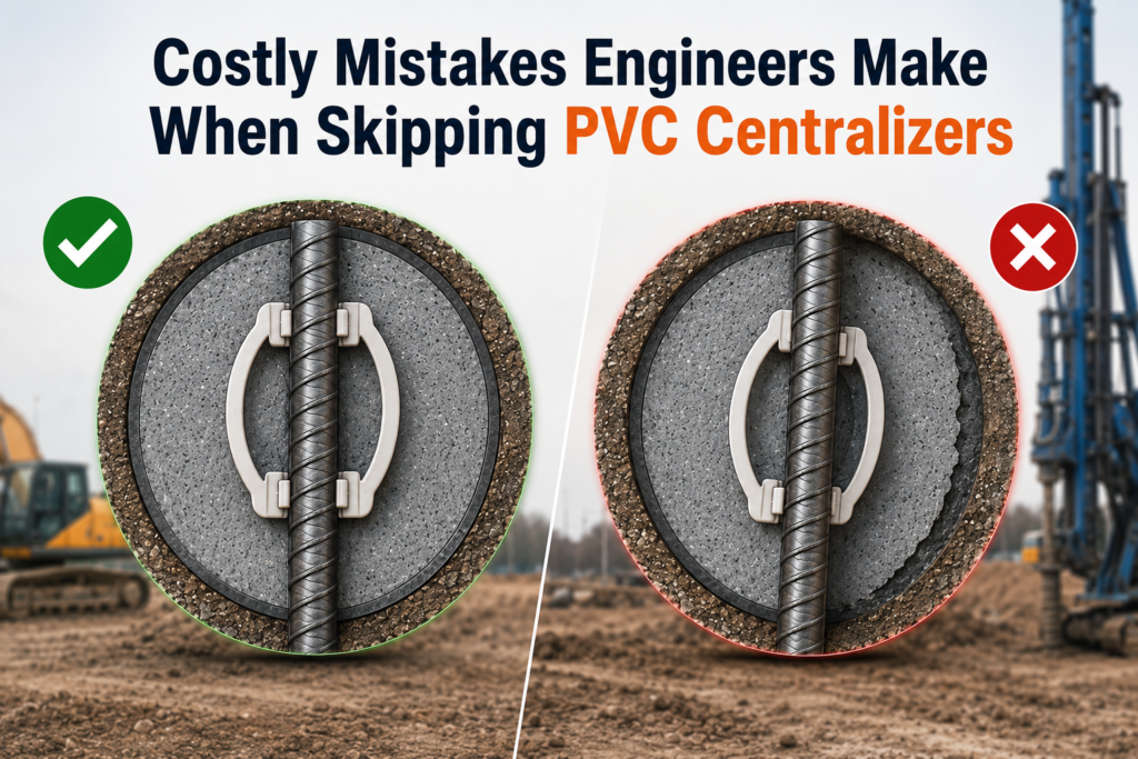 PVC centralizer on micropile reinforcement bar showing correct grout cover distribution
